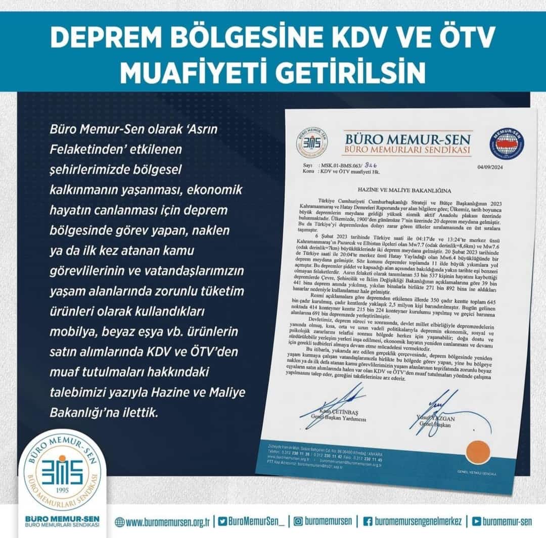 DEPREM BÖLGESİNE KDV ve ÖTV MUAFİYETİ GETİRİLSİN